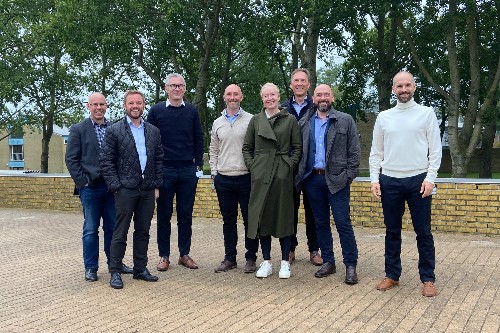 The team behind the offshore wind partnership (Left to right): Simon Quinn - UoB, Allan Poulsen - Vestas, Kasper Jensen - Vestas, Phil Slack - NCC, Jo Dally - NCC, Henrik Thede - Vestas, Alberto Pirrera - UoB and Pete Giddings - NCC.